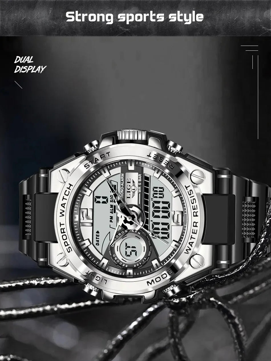 LIGE Men Military Watch Digital 50m Waterproof Wristwatch LED Quartz Clock Sport Watch Male Big Watches Men Relogios Masculino