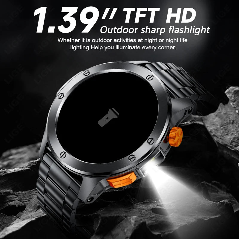 LIGE Sports Smart Watch Men LED Flashlight IP68 Waterproof Bluetooth Call Health Watches Voice Assistant Military Smartwatch Men