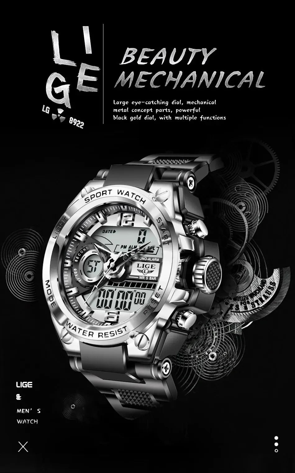 LIGE Men Military Watch Digital 50m Waterproof Wristwatch LED Quartz Clock Sport Watch Male Big Watches Men Relogios Masculino