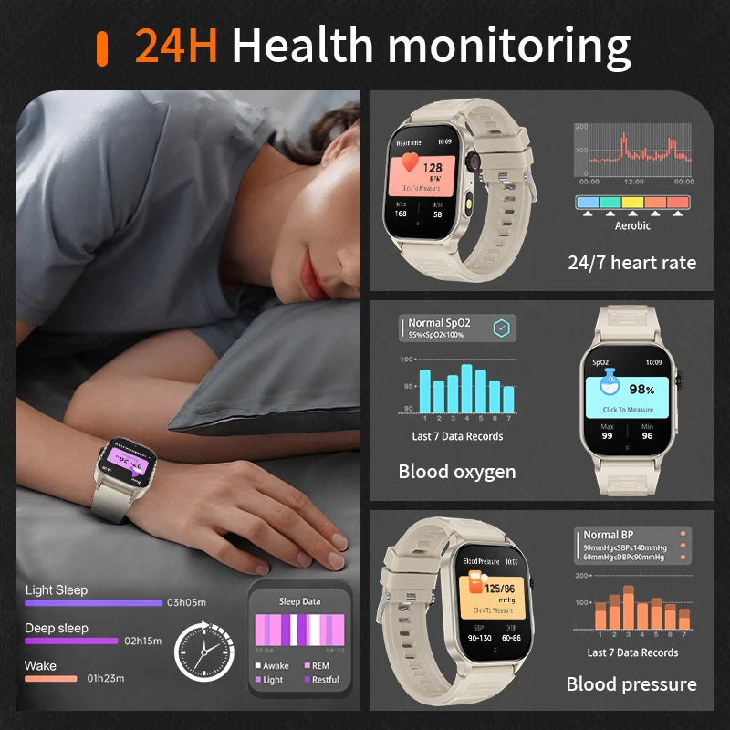 LIGE Smart Watch for Men 3ATM Waterproof Bluetooth Call Health Monitor With Flashlight 370mahBattery 100+Sport Mode Smartwatches