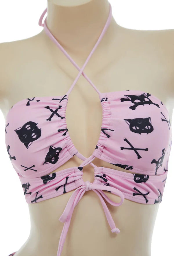 MEOWCOS Women Cat Print Swimsuit Gothic Pink Two Pieces Strappy Top and Skirt Set