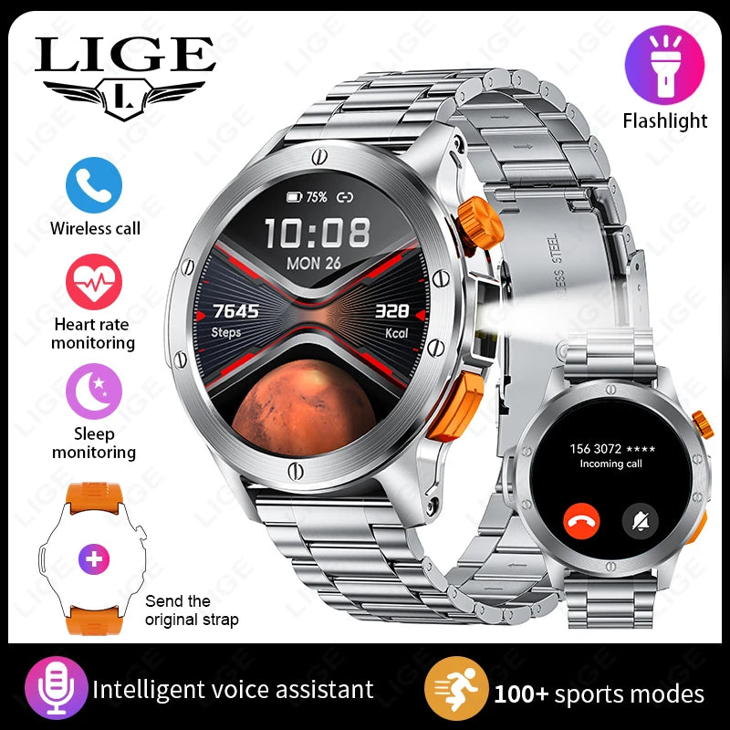 LIGE Sports Smart Watch Men LED Flashlight IP68 Waterproof Bluetooth Call Health Watches Voice Assistant Military Smartwatch Men