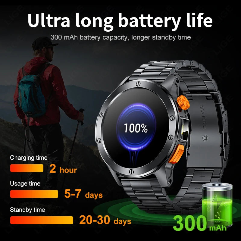 LIGE Sports Smart Watch Men LED Flashlight IP68 Waterproof Bluetooth Call Health Watches Voice Assistant Military Smartwatch Men