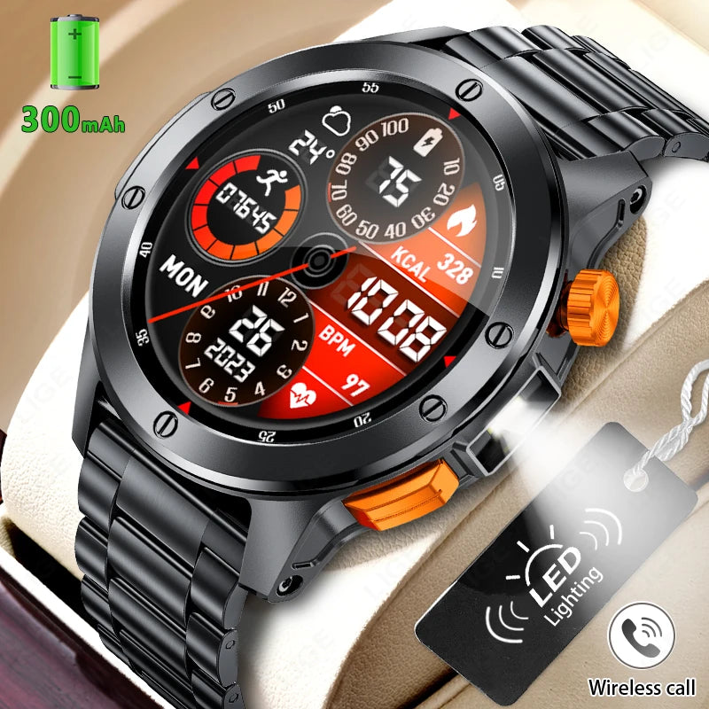 LIGE Sports Smart Watch Men LED Flashlight IP68 Waterproof Bluetooth Call Health Watches Voice Assistant Military Smartwatch Men