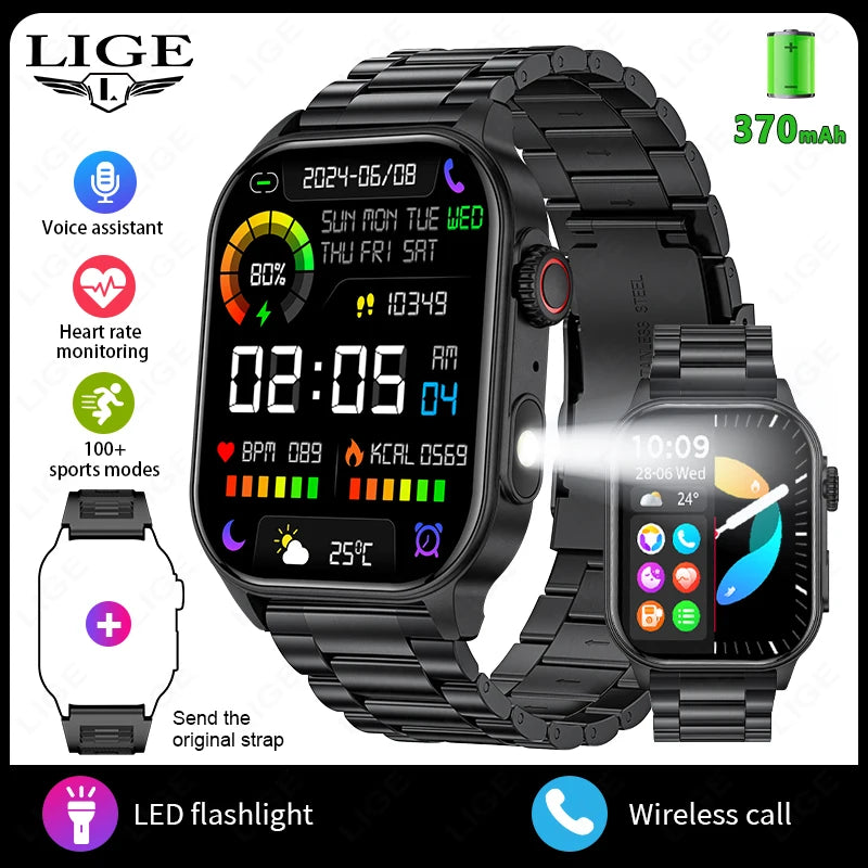 LIGE Smart Watch for Men 3ATM Waterproof Bluetooth Call Health Monitor With Flashlight 370mahBattery 100+Sport Mode Smartwatches