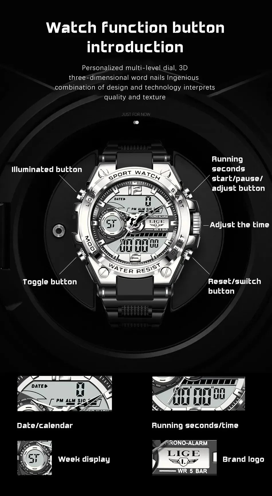 LIGE Men Military Watch Digital 50m Waterproof Wristwatch LED Quartz Clock Sport Watch Male Big Watches Men Relogios Masculino
