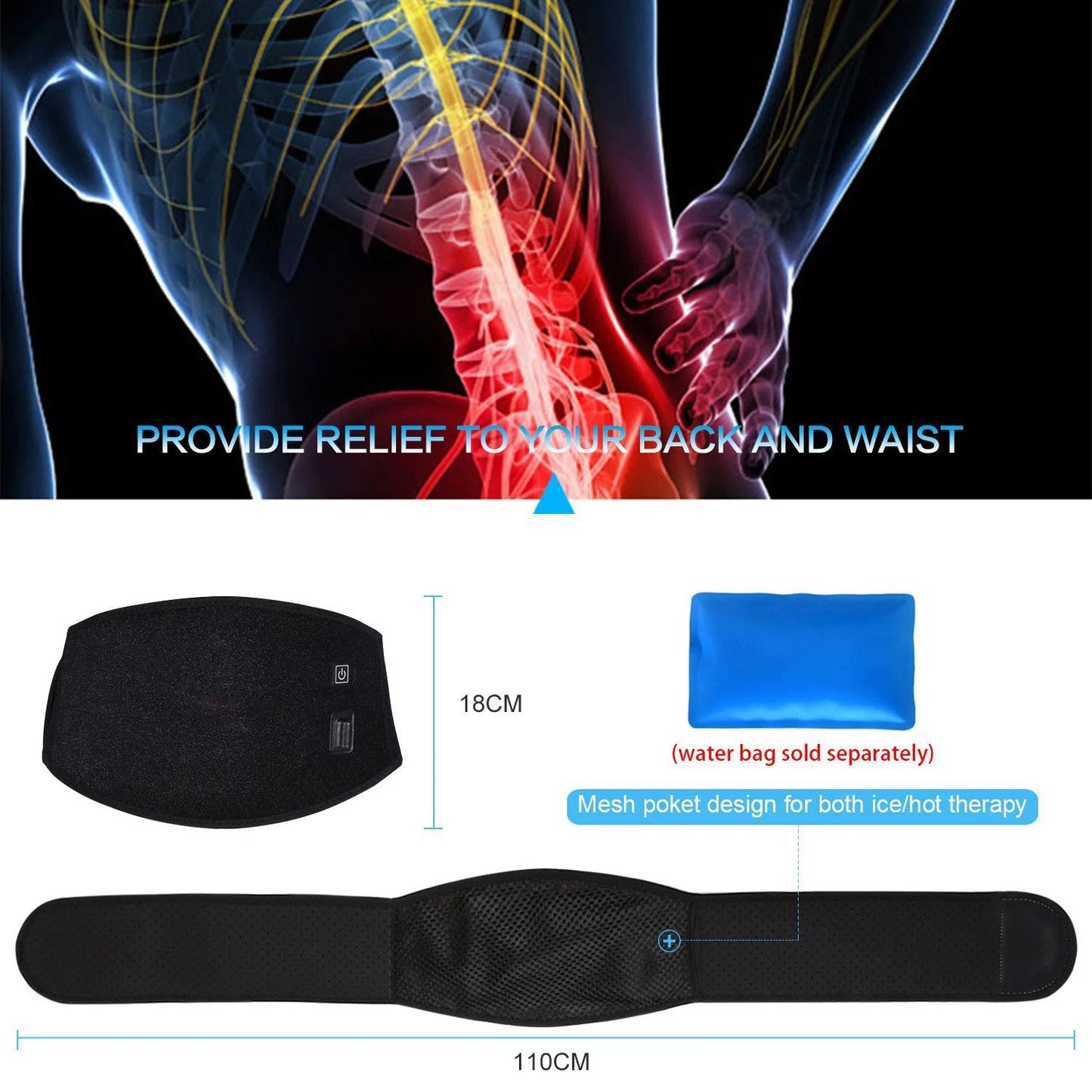 Heating Waist Belt Brace For Pain Relief Lower Back Therapy Lumbar Black