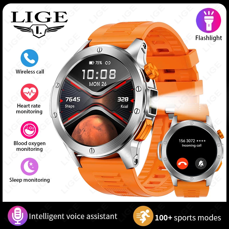 LIGE Sports Smart Watch Men LED Flashlight IP68 Waterproof Bluetooth Call Health Watches Voice Assistant Military Smartwatch Men