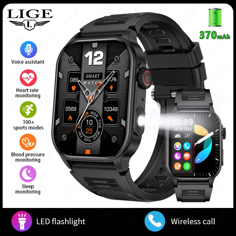 LIGE Smart Watch for Men 3ATM Waterproof Bluetooth Call Health Monitor With Flashlight 370mahBattery 100+Sport Mode Smartwatches