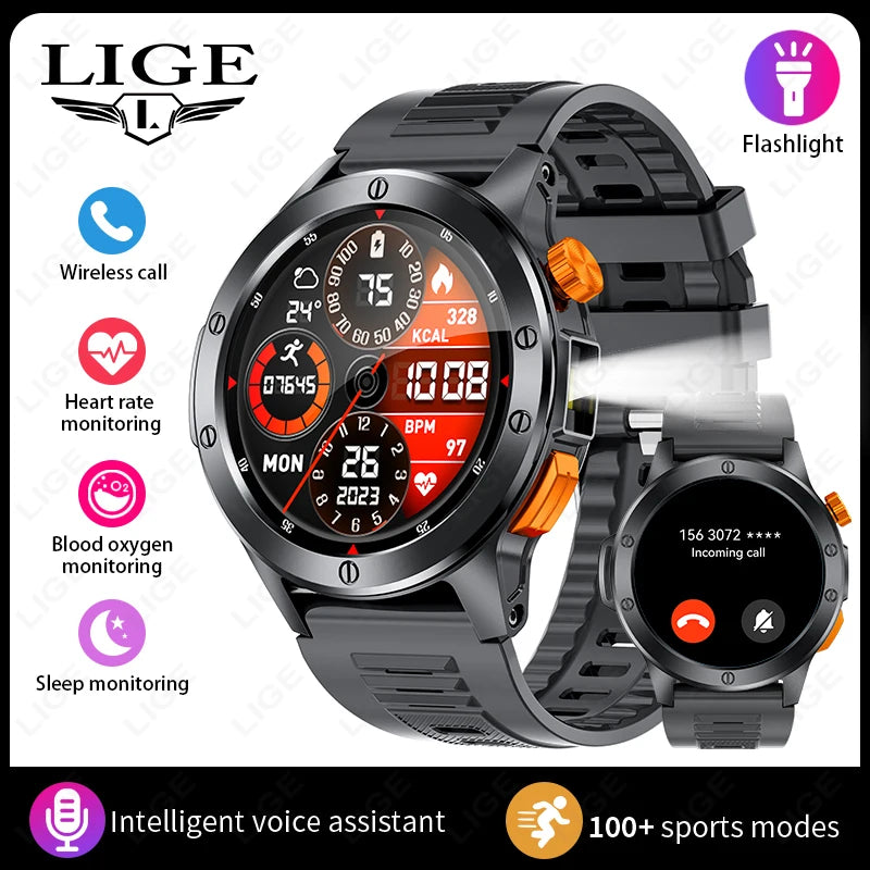LIGE Sports Smart Watch Men LED Flashlight IP68 Waterproof Bluetooth Call Health Watches Voice Assistant Military Smartwatch Men