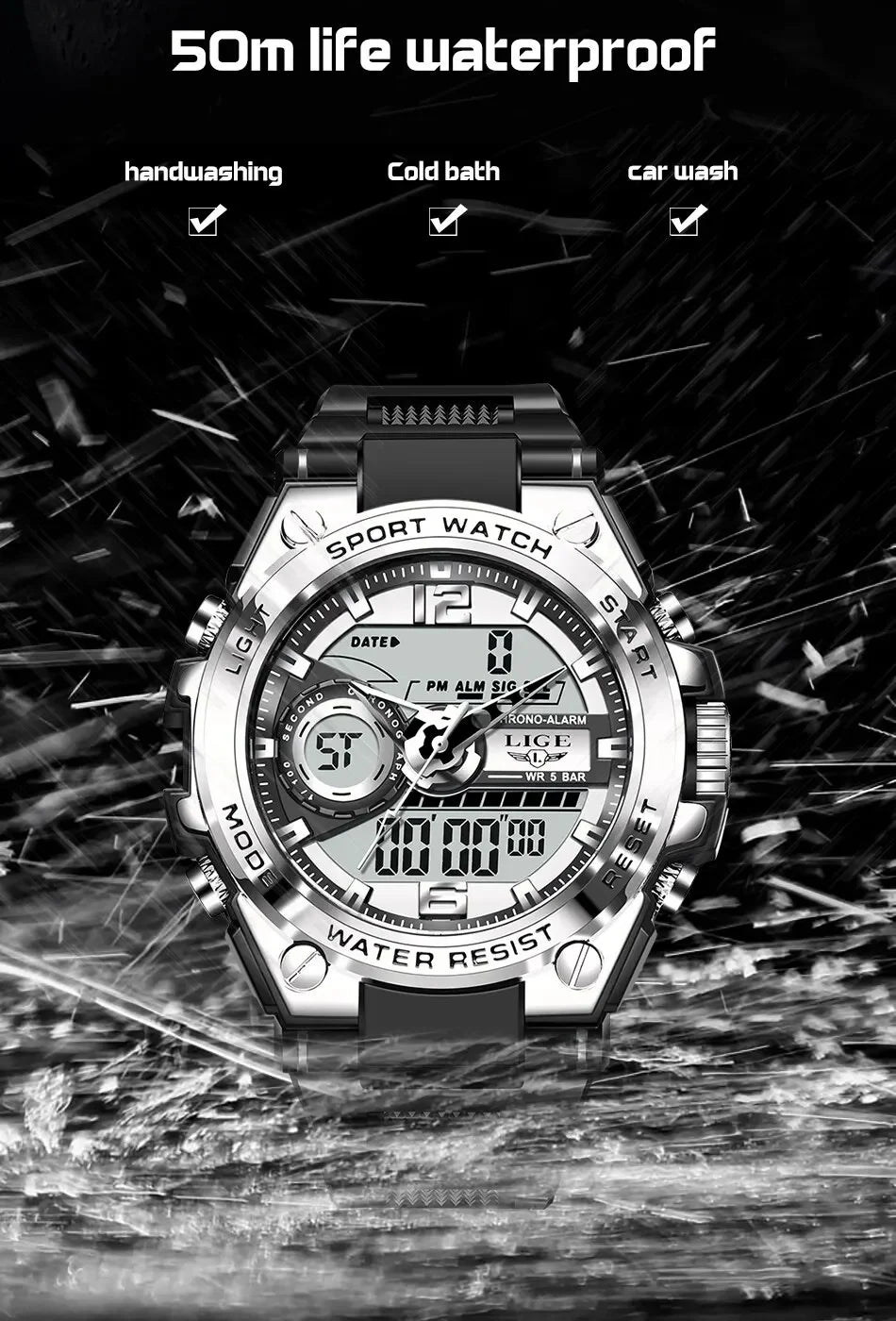 LIGE Men Military Watch Digital 50m Waterproof Wristwatch LED Quartz Clock Sport Watch Male Big Watches Men Relogios Masculino