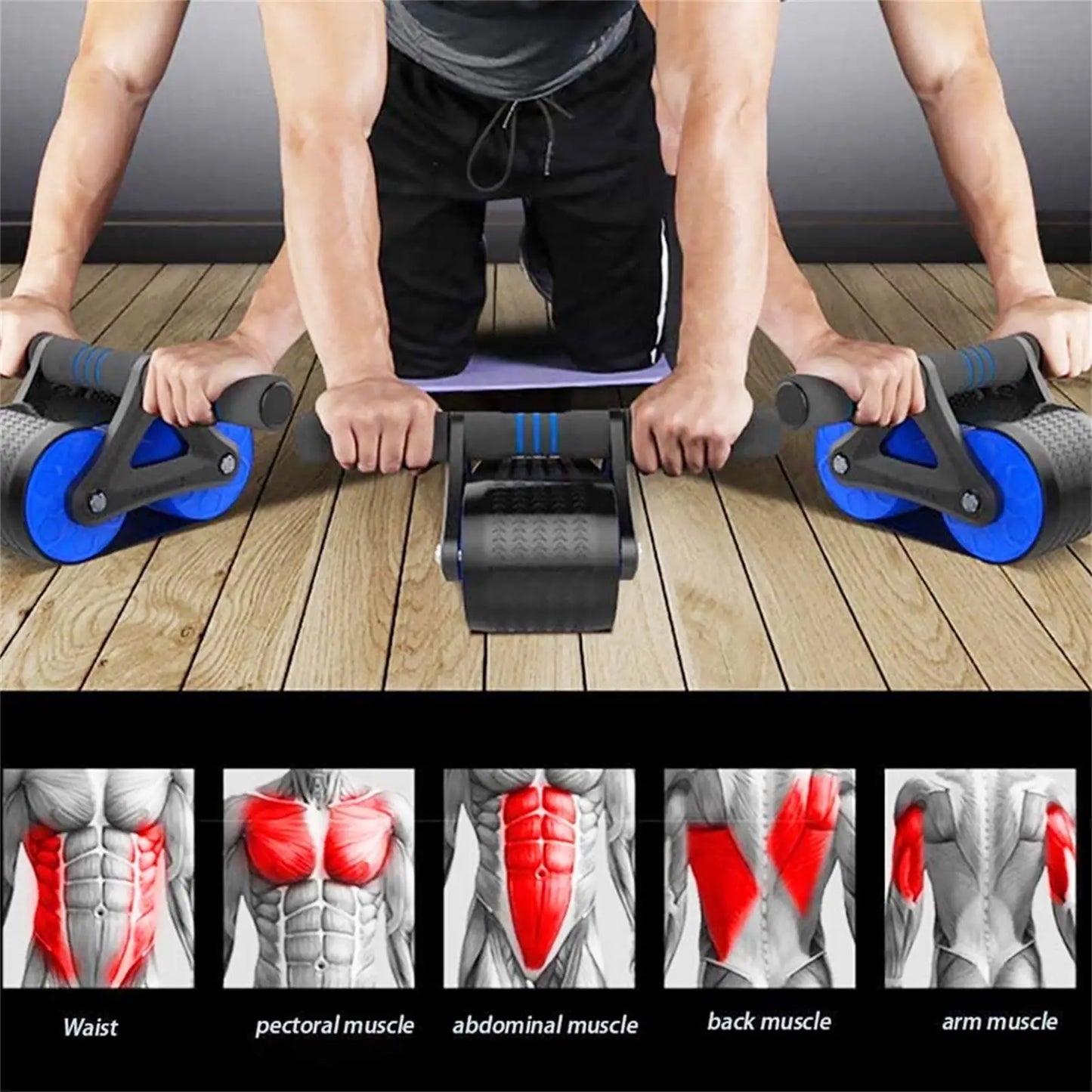 Springback Wheels Roller Domestic Abdominal Exerciser Push‑up Training Mute Fitness Equipment Blue Springback Wheels Roller