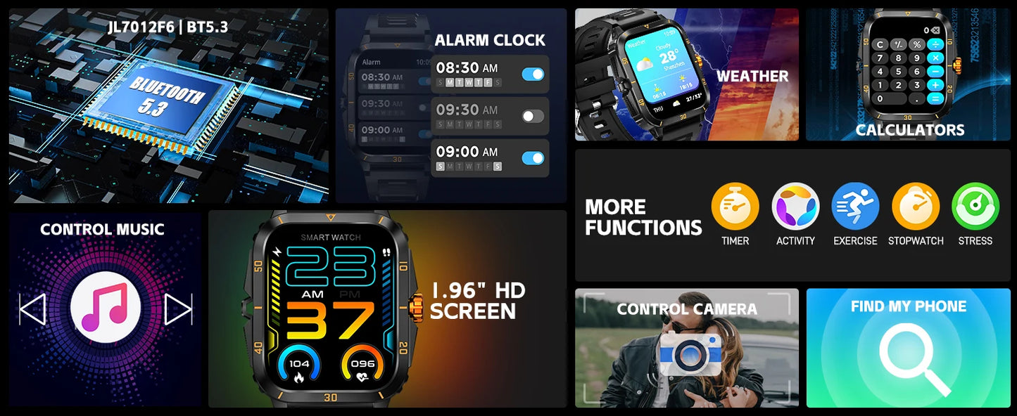 LaNikar Smart Watch 3ATM Waterproof 1.96" IPS Screen Military KT71 Men 100+ Sport Mode Heart Rate Blood Pressure Bluetooth Call