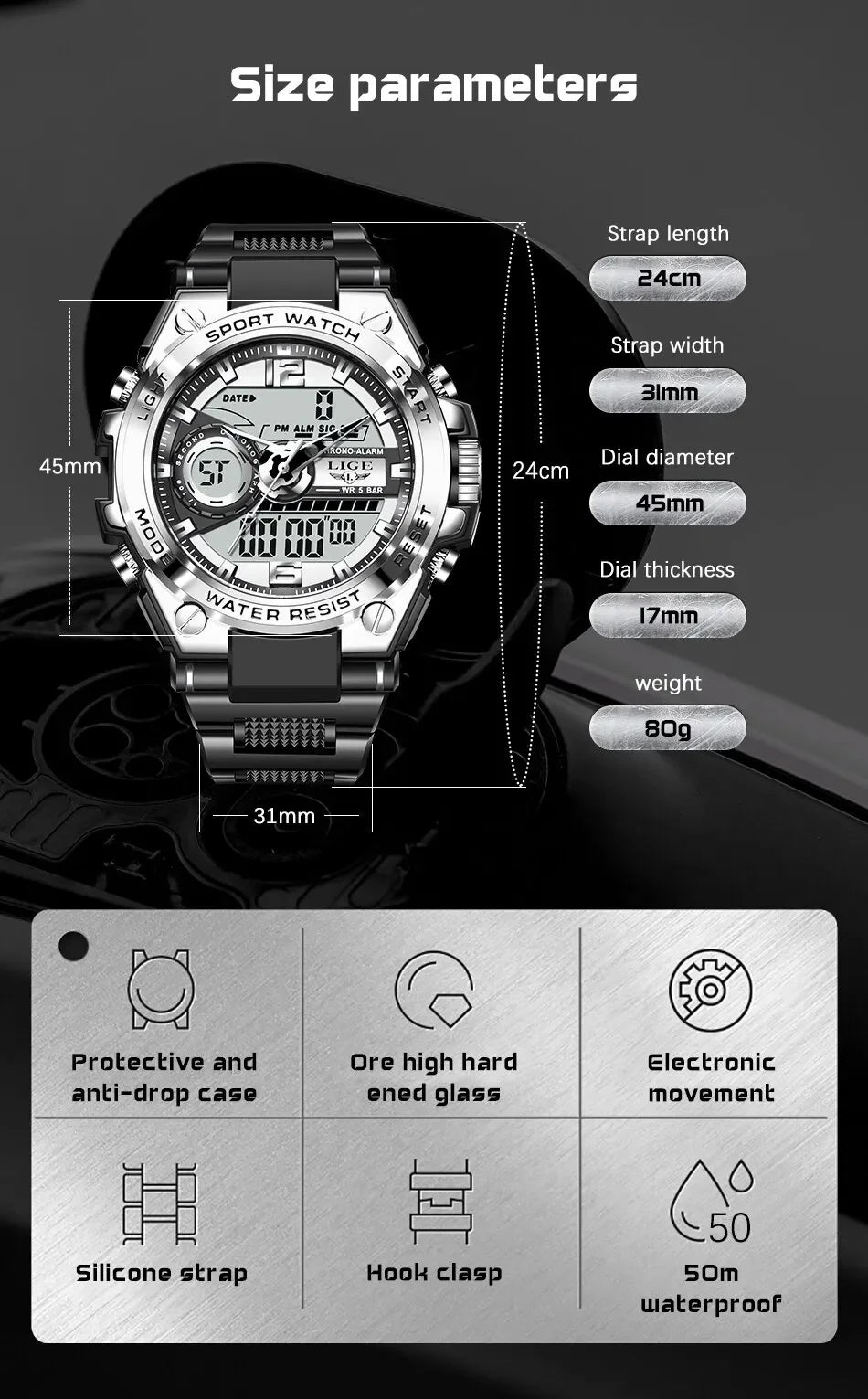 LIGE Men Military Watch Digital 50m Waterproof Wristwatch LED Quartz Clock Sport Watch Male Big Watches Men Relogios Masculino