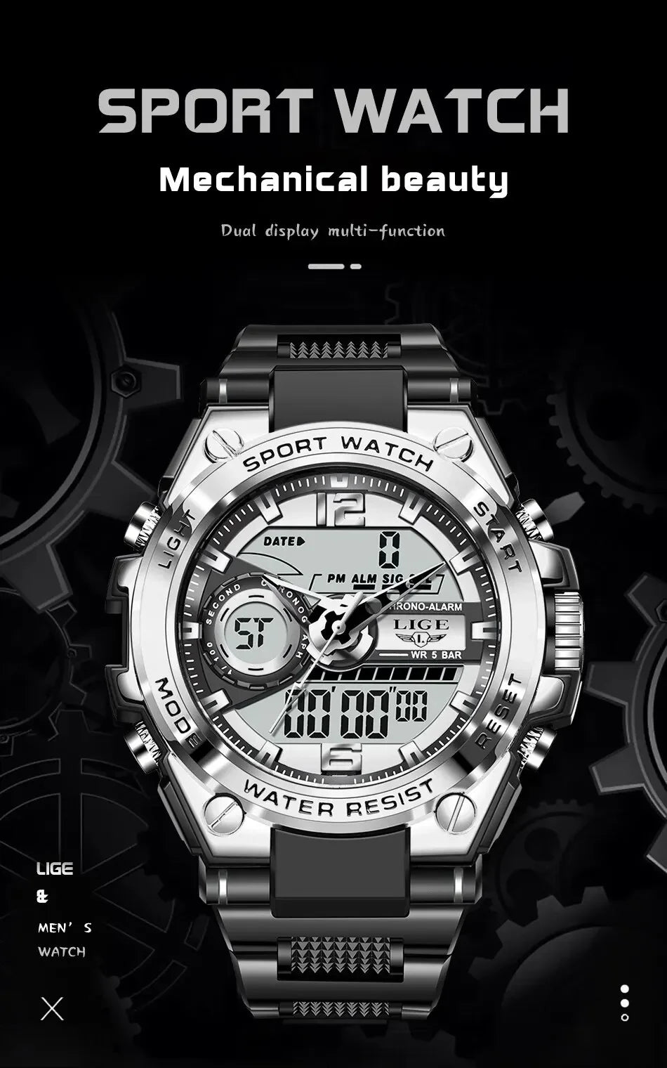 LIGE Men Military Watch Digital 50m Waterproof Wristwatch LED Quartz Clock Sport Watch Male Big Watches Men Relogios Masculino