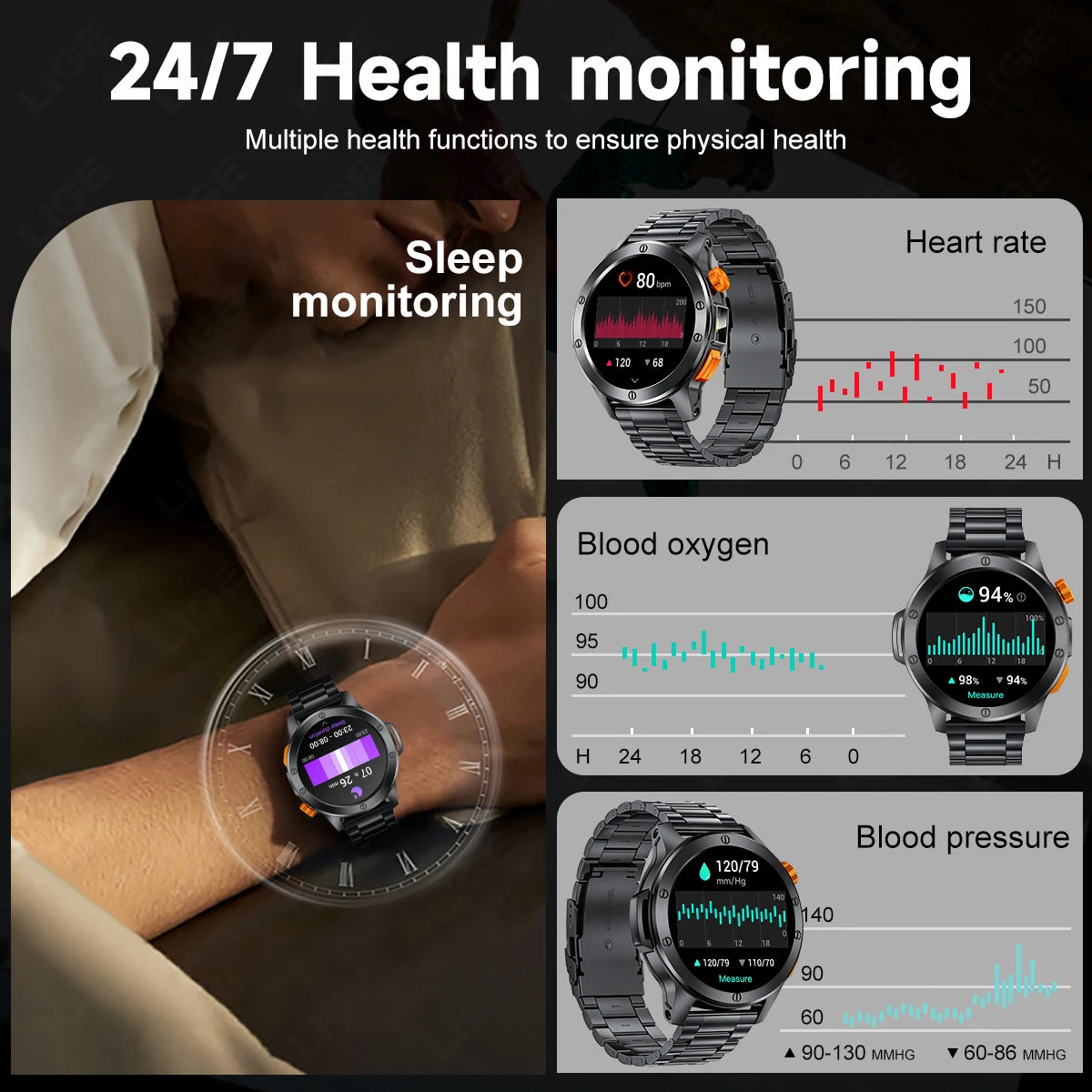 LIGE Sports Smart Watch Men LED Flashlight IP68 Waterproof Bluetooth Call Health Watches Voice Assistant Military Smartwatch Men