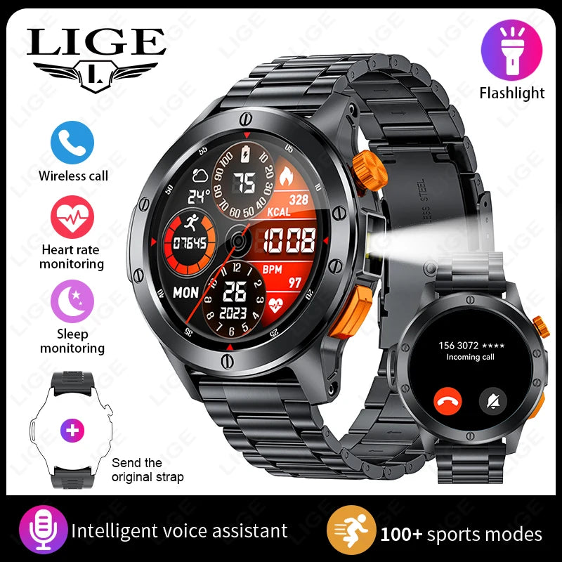 LIGE Sports Smart Watch Men LED Flashlight IP68 Waterproof Bluetooth Call Health Watches Voice Assistant Military Smartwatch Men
