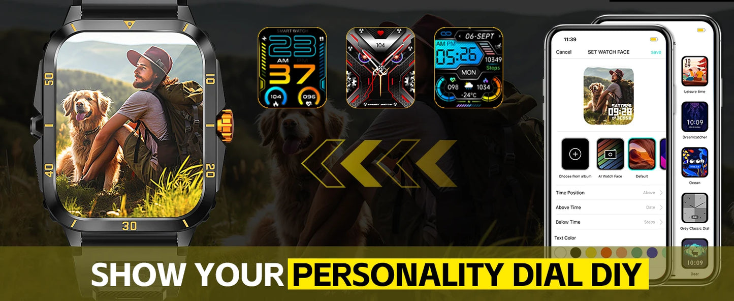 LaNikar Smart Watch 3ATM Waterproof 1.96" IPS Screen Military KT71 Men 100+ Sport Mode Heart Rate Blood Pressure Bluetooth Call