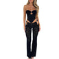 Women s Lace Mesh 2Pcs Outfits Off Shoulder Metal Ring Corset Tube Tops with Mid-Rise Flare Leggings Set Streetwear