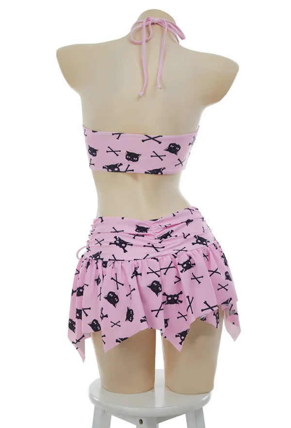 MEOWCOS Women Cat Print Swimsuit Gothic Pink Two Pieces Strappy Top and Skirt Set