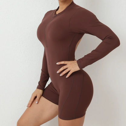 Seamless Yoga Zipper Jumpsuits Sports Fitness Beauty Back Hip-Lifting Long-Sleeved One-Piece Workout Gym Tracksuits for Women