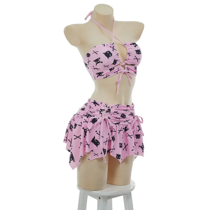 MEOWCOS Women Cat Print Swimsuit Gothic Pink Two Pieces Strappy Top and Skirt Set