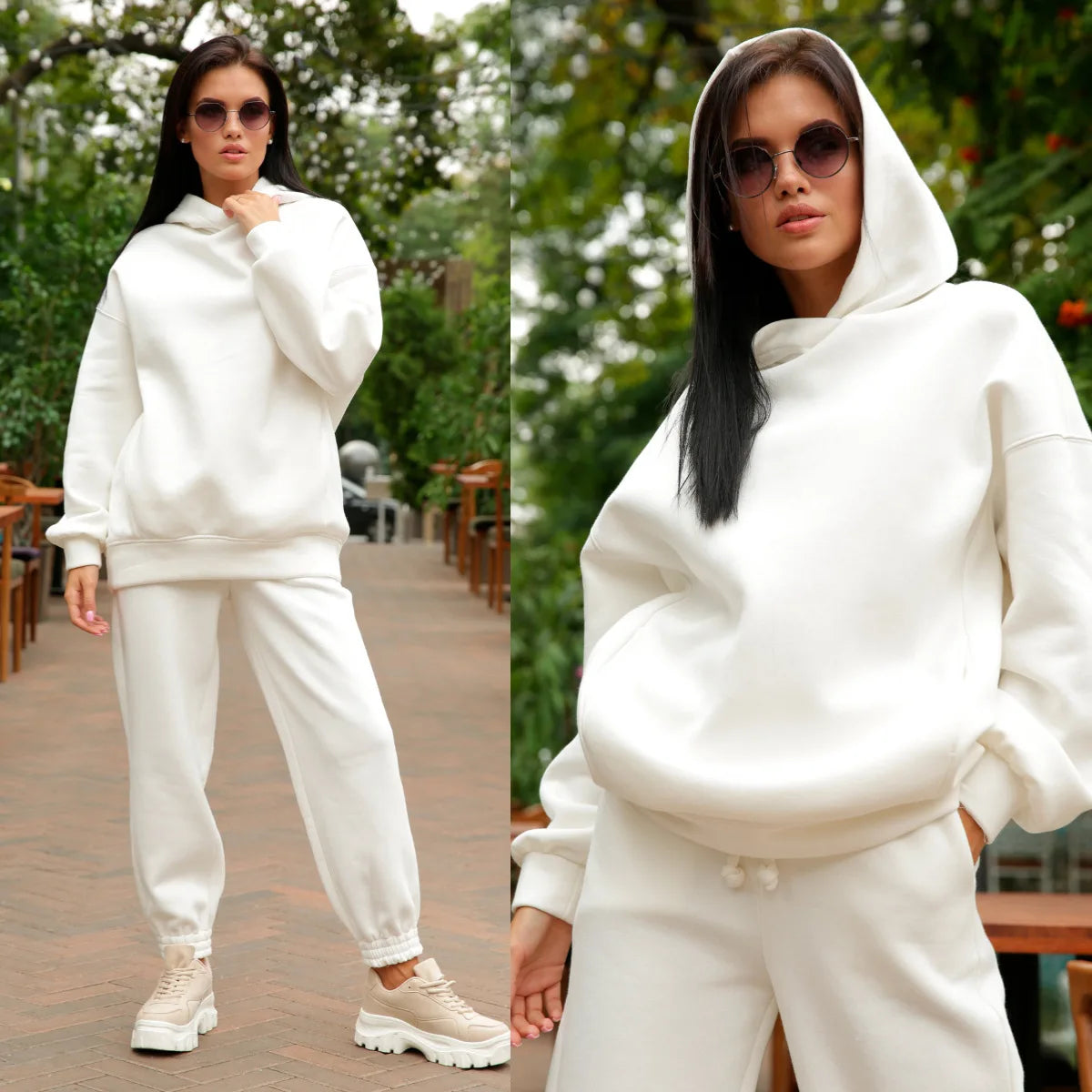 Women Fleece Two Piece Sets Elegant Solid Color Oversized Warm Hoodies and Long Pant Sports Suit Autumn Winter Tracksuit 2023