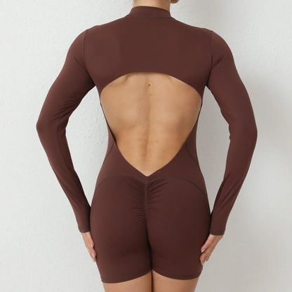 Seamless Yoga Zipper Jumpsuits Sports Fitness Beauty Back Hip-Lifting Long-Sleeved One-Piece Workout Gym Tracksuits for Women