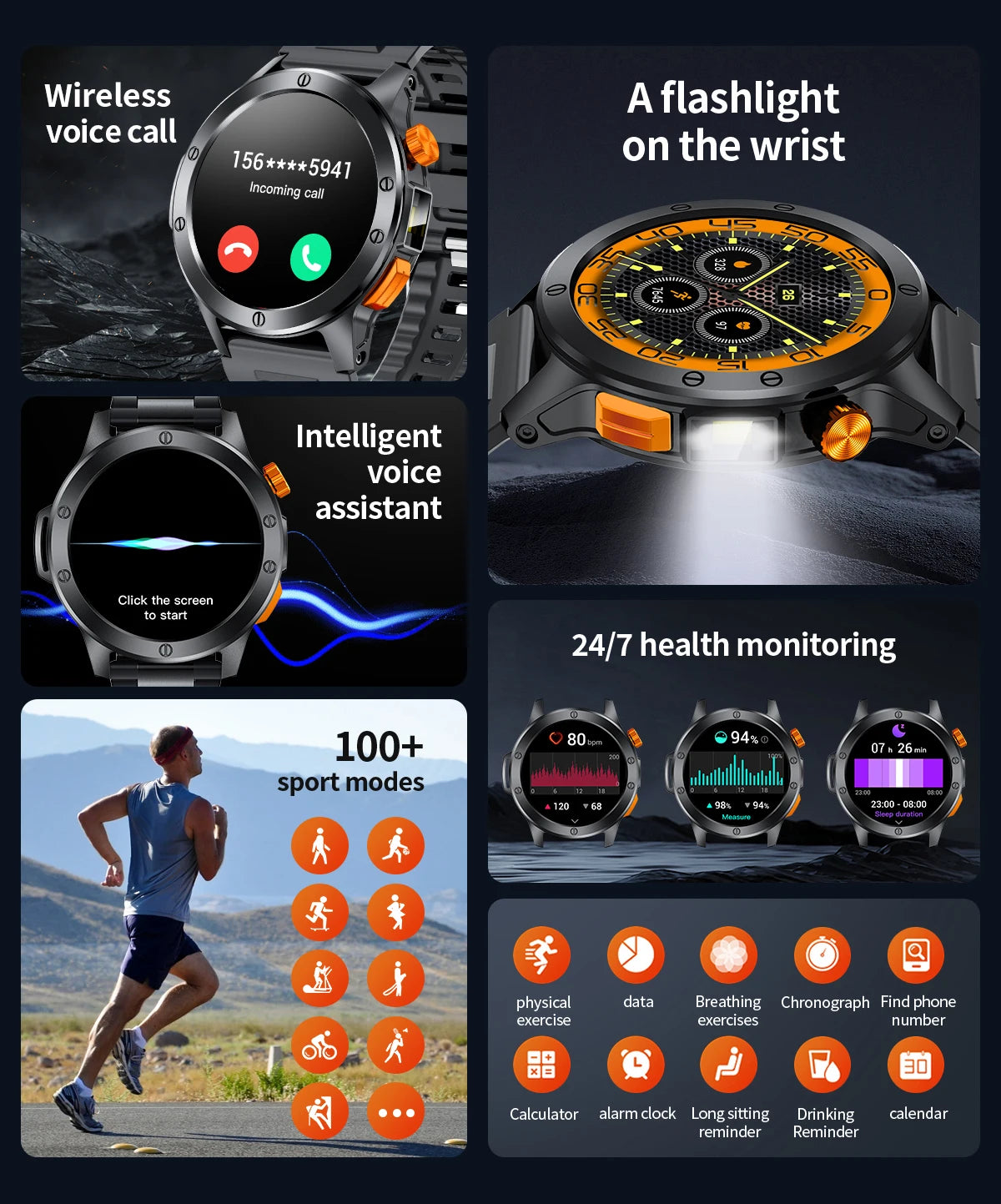 LIGE Sports Smart Watch Men LED Flashlight IP68 Waterproof Bluetooth Call Health Watches Voice Assistant Military Smartwatch Men