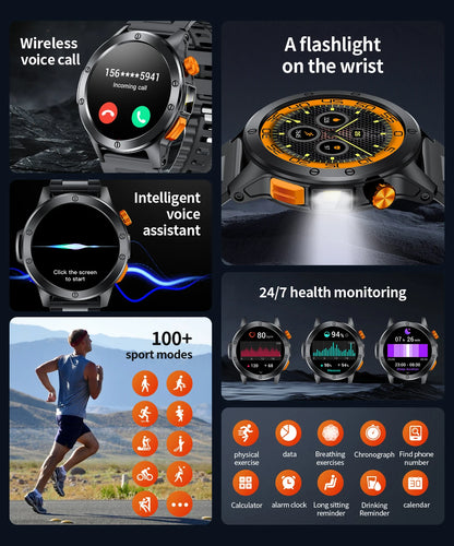 LIGE Sports Smart Watch Men LED Flashlight IP68 Waterproof Bluetooth Call Health Watches Voice Assistant Military Smartwatch Men
