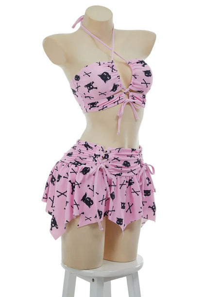MEOWCOS Women Cat Print Swimsuit Gothic Pink Two Pieces Strappy Top and Skirt Set