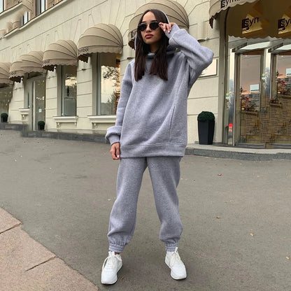 Women Fleece Two Piece Sets Elegant Solid Color Oversized Warm Hoodies and Long Pant Sports Suit Autumn Winter Tracksuit 2023