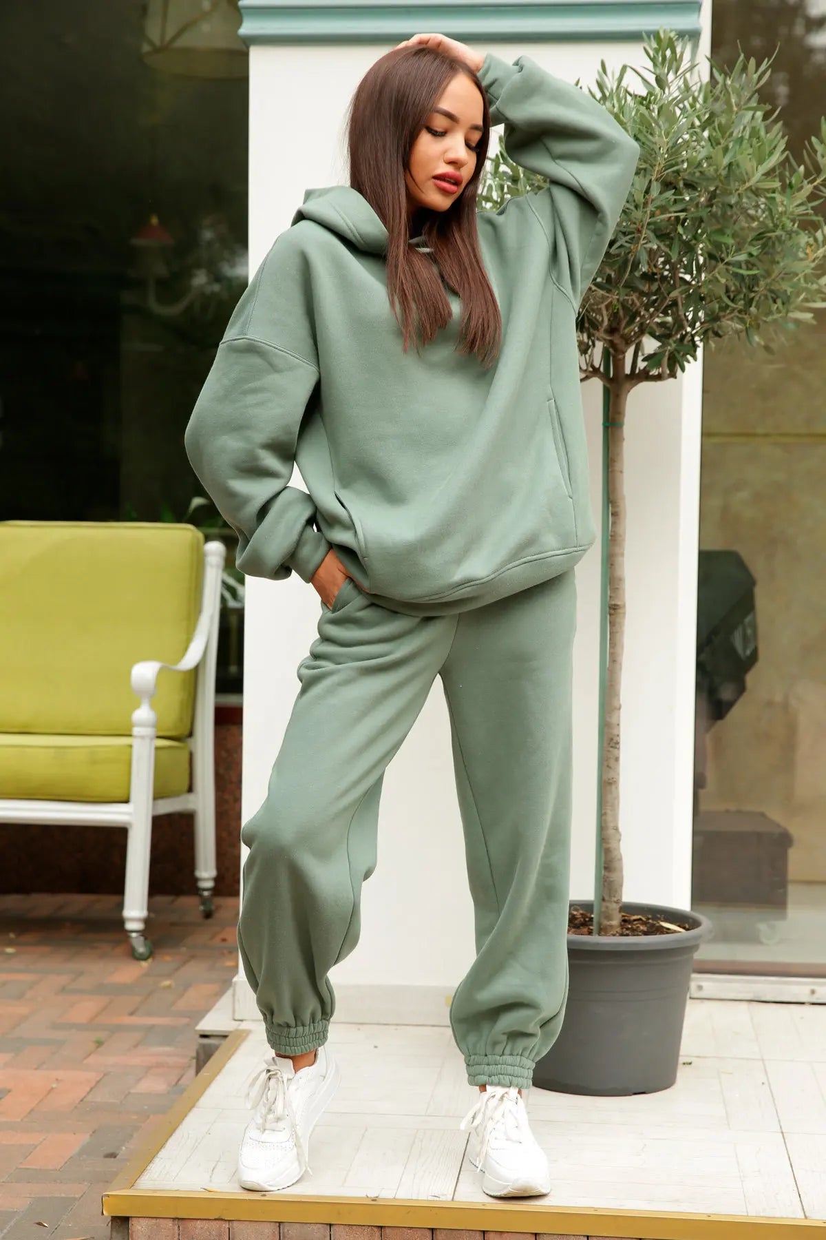 Women Fleece Two Piece Sets Elegant Solid Color Oversized Warm Hoodies and Long Pant Sports Suit Autumn Winter Tracksuit 2023