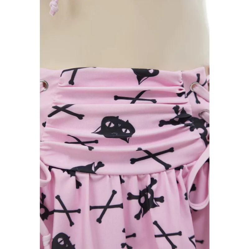 MEOWCOS Women Cat Print Swimsuit Gothic Pink Two Pieces Strappy Top and Skirt Set