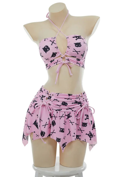 MEOWCOS Women Cat Print Swimsuit Gothic Pink Two Pieces Strappy Top and Skirt Set