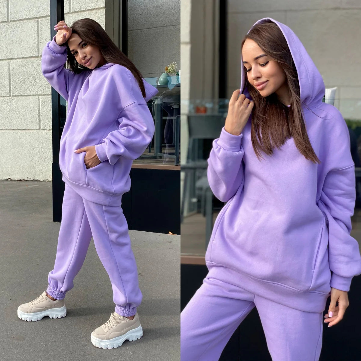 Women Fleece Two Piece Sets Elegant Solid Color Oversized Warm Hoodies and Long Pant Sports Suit Autumn Winter Tracksuit 2023