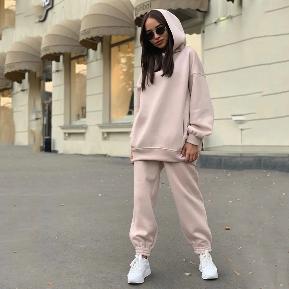 Women Fleece Two Piece Sets Elegant Solid Color Oversized Warm Hoodies and Long Pant Sports Suit Autumn Winter Tracksuit 2023