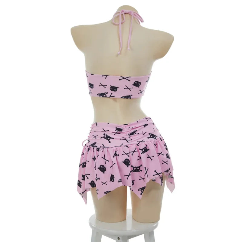 MEOWCOS Women Cat Print Swimsuit Gothic Pink Two Pieces Strappy Top and Skirt Set
