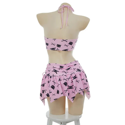 MEOWCOS Women Cat Print Swimsuit Gothic Pink Two Pieces Strappy Top and Skirt Set