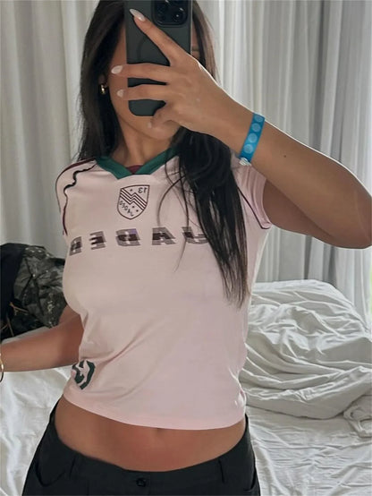 2025 Woman Clothing Shorts Suit America Sports Style Fashion Slim Retro Summer Letter Print Short-sleeved Top Y2k ropa de mujer