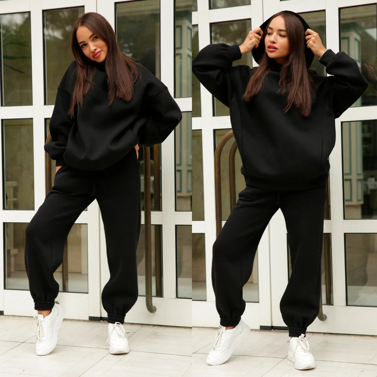 Women Fleece Two Piece Sets Elegant Solid Color Oversized Warm Hoodies and Long Pant Sports Suit Autumn Winter Tracksuit 2023