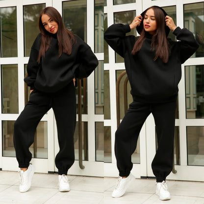 Women Fleece Two Piece Sets Elegant Solid Color Oversized Warm Hoodies and Long Pant Sports Suit Autumn Winter Tracksuit 2023