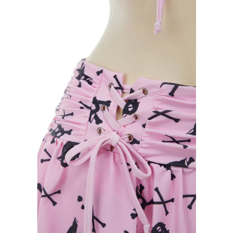 MEOWCOS Women Cat Print Swimsuit Gothic Pink Two Pieces Strappy Top and Skirt Set