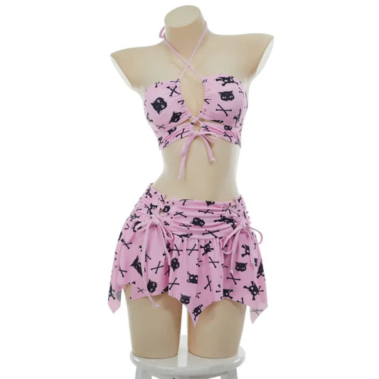 MEOWCOS Women Cat Print Swimsuit Gothic Pink Two Pieces Strappy Top and Skirt Set