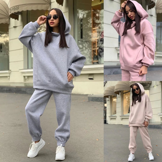 Women Fleece Two Piece Sets Elegant Solid Color Oversized Warm Hoodies and Long Pant Sports Suit Autumn Winter Tracksuit 2023