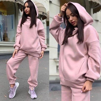 Women Fleece Two Piece Sets Elegant Solid Color Oversized Warm Hoodies and Long Pant Sports Suit Autumn Winter Tracksuit 2023