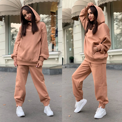 Women Fleece Two Piece Sets Elegant Solid Color Oversized Warm Hoodies and Long Pant Sports Suit Autumn Winter Tracksuit 2023