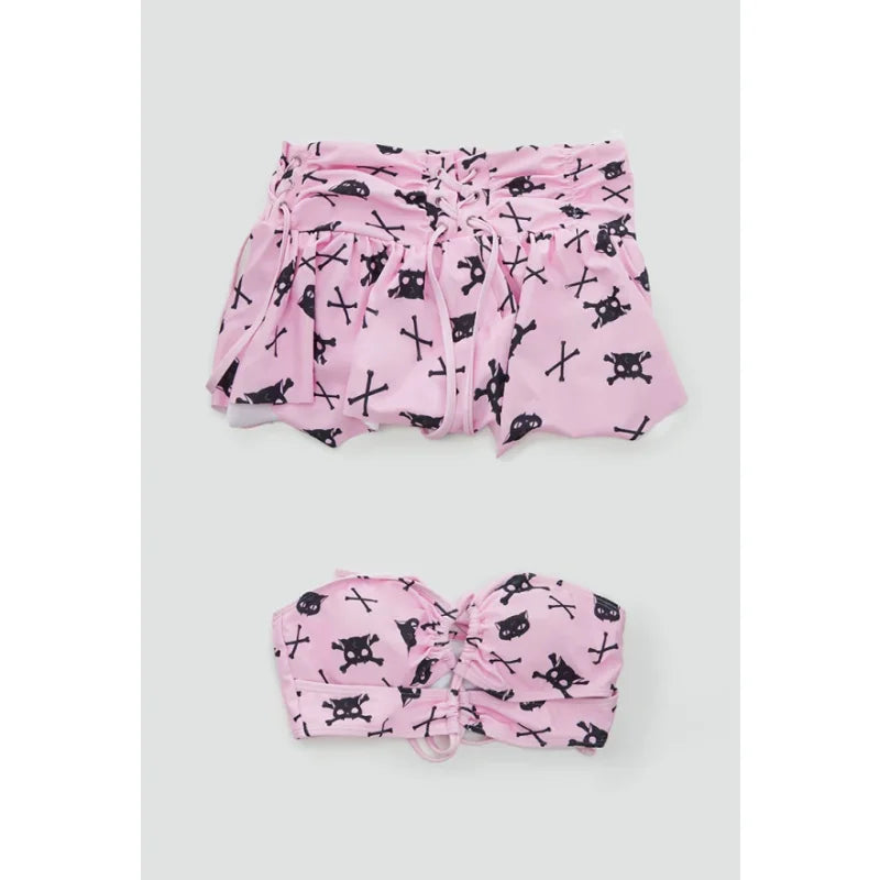 MEOWCOS Women Cat Print Swimsuit Gothic Pink Two Pieces Strappy Top and Skirt Set