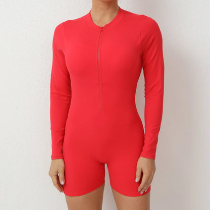 Seamless Yoga Zipper Jumpsuits Sports Fitness Beauty Back Hip-Lifting Long-Sleeved One-Piece Workout Gym Tracksuits for Women
