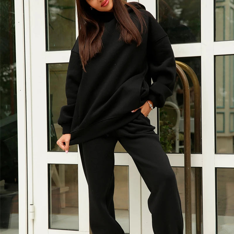 Women Fleece Two Piece Sets Elegant Solid Color Oversized Warm Hoodies and Long Pant Sports Suit Autumn Winter Tracksuit 2023